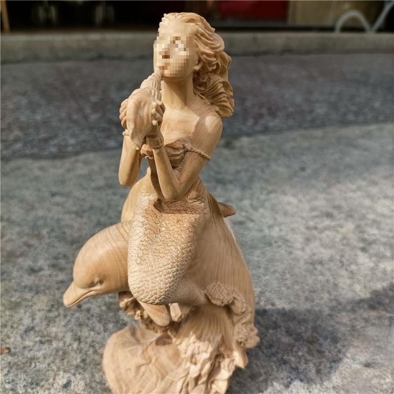 黄手木雕刻美女人物雕把件客杨厅装饰办公室创意摆件美人鱼工CZL