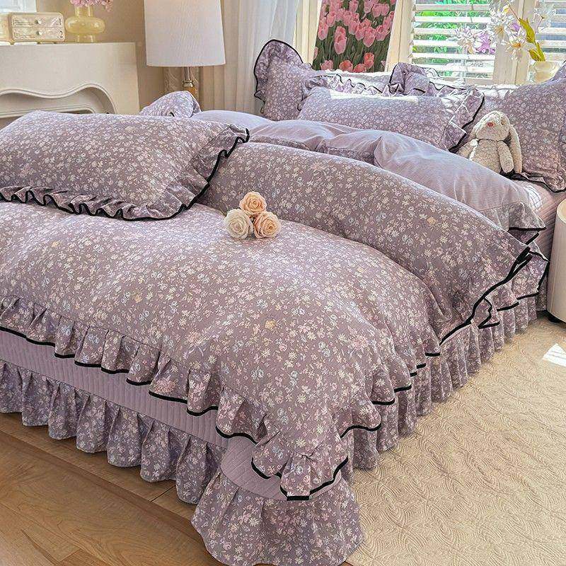 法皱式REI针织双层四纱夹棉加厚床盖通件套皱纱花边款被套床单四