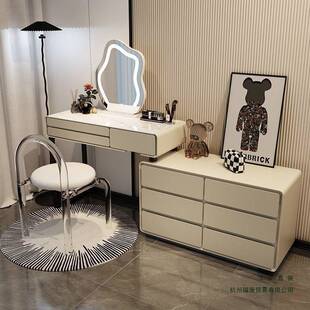 202化奶油风岩板实木梳5妆台床头柜一体ZPA网红伸缩台妆卧室现代