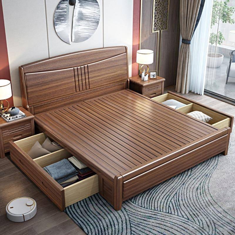 实木床1.米1.5ELS8双人胡桃木床经济型现简约代家具主床卧室储物