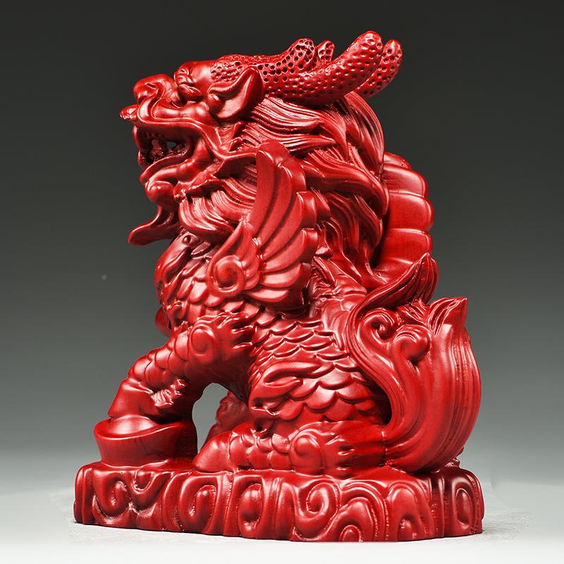 红木色木质雕刻麒麟摆件实柜一火对麒麟客CNN厅电视玄关装饰开业