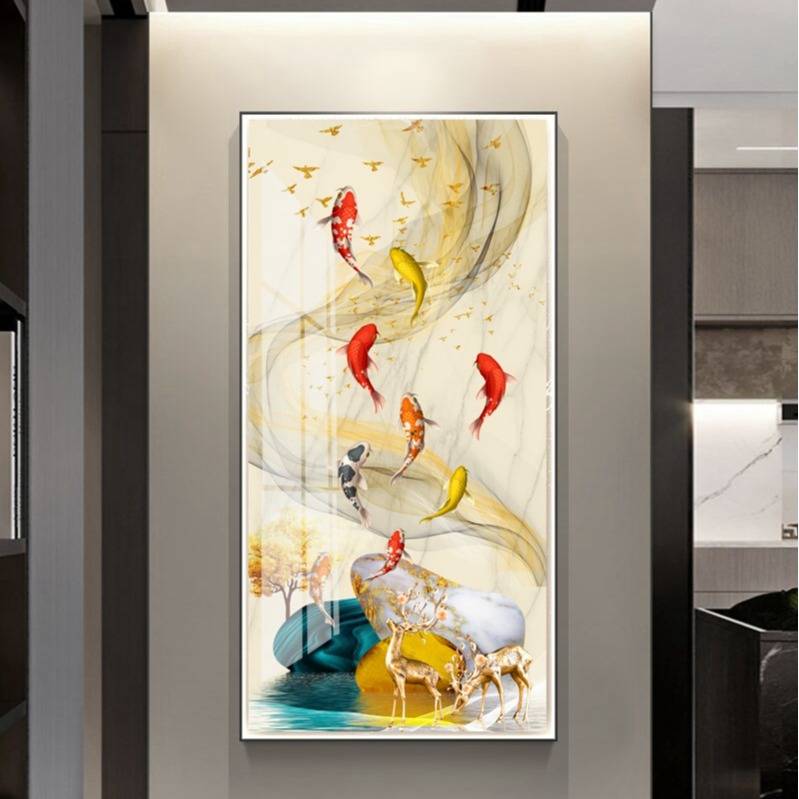 高档入户玄关装饰画进门墙壁画走廊过道挂画LED灯竖招财鹿装饰画图片