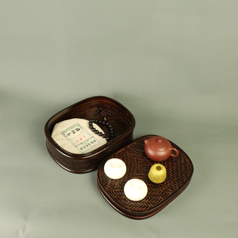 竹编带盖茶具收纳手提食盒