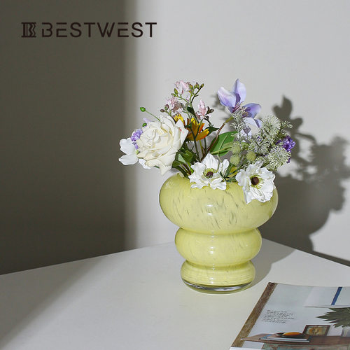 Best west 简约鹅黄色葫芦形三段式玻璃花瓶摆件家居样板间装饰品