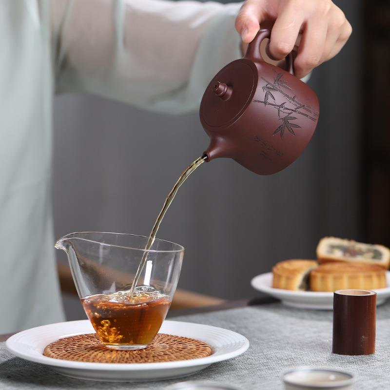 现货宜兴原矿紫泥泡茶壶纯全手工刻绘汉铎壶紫砂壶