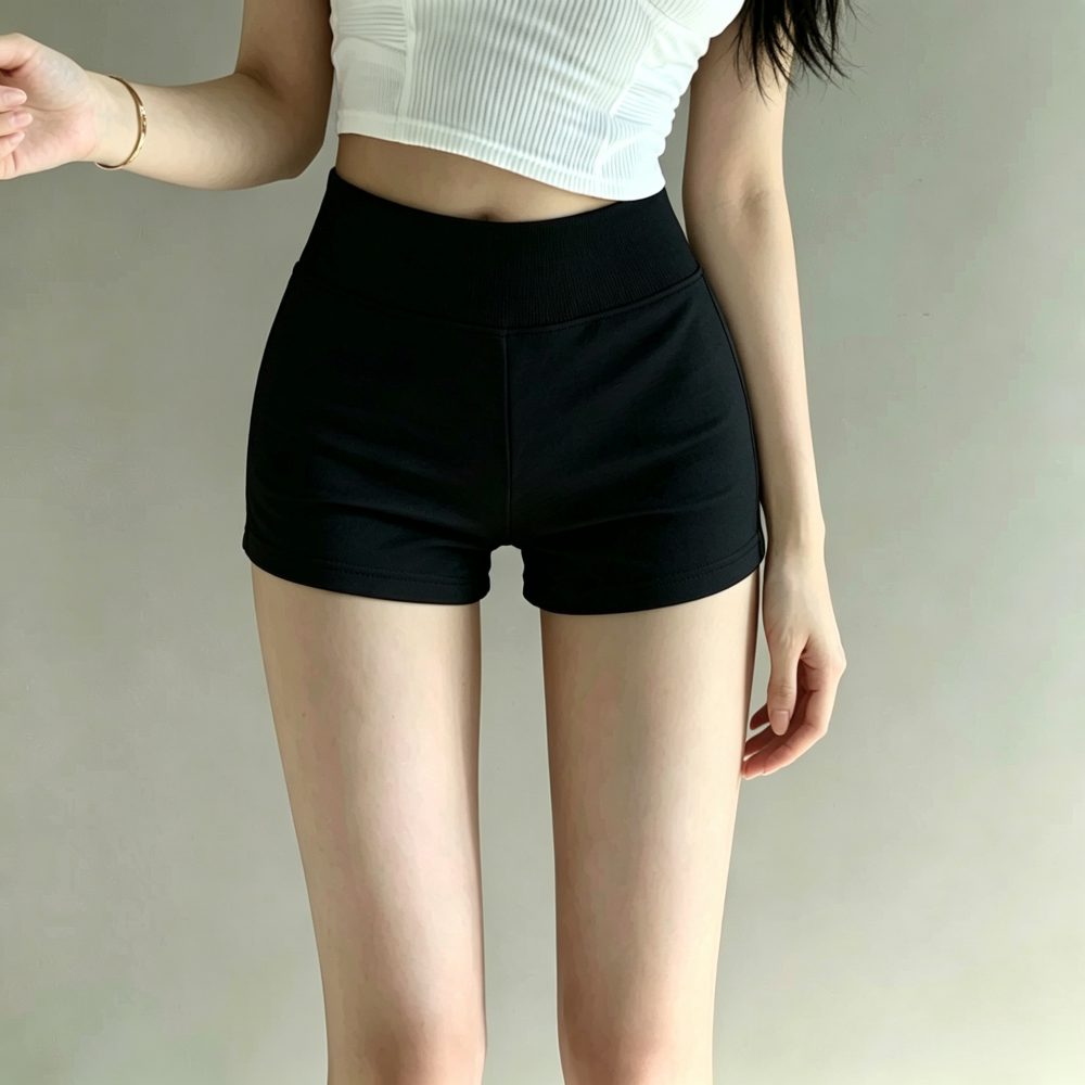 黑色螺纹中腰辣妹显瘦运动短裤