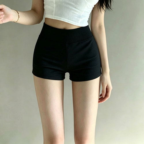 黑色螺纹中腰辣妹显瘦运动短裤