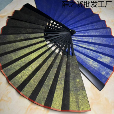 寸寸鎏金彩色宣纸折扇，黑古绿色扇子双面熟宣书法创作