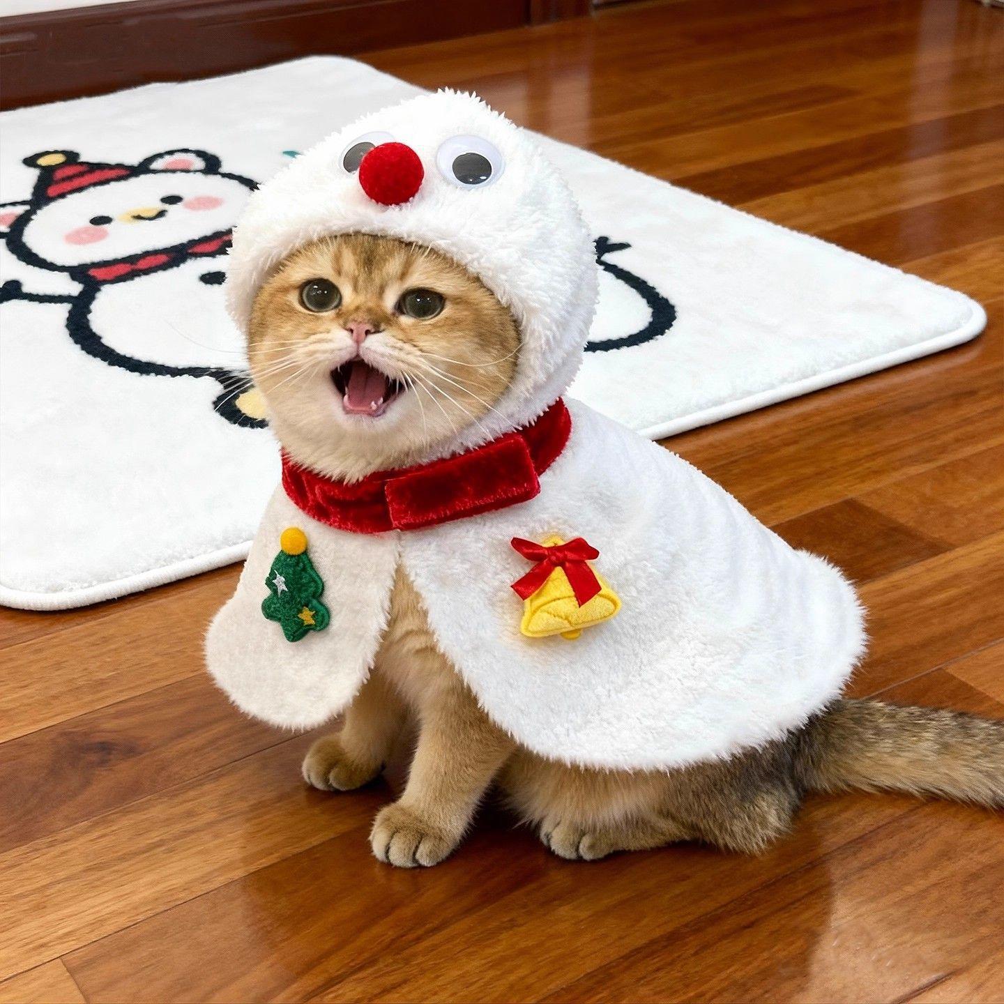 圣诞毛绒斗篷猫咪服装可爱白色雪人披风装饰秋冬季保暖宠物衣服