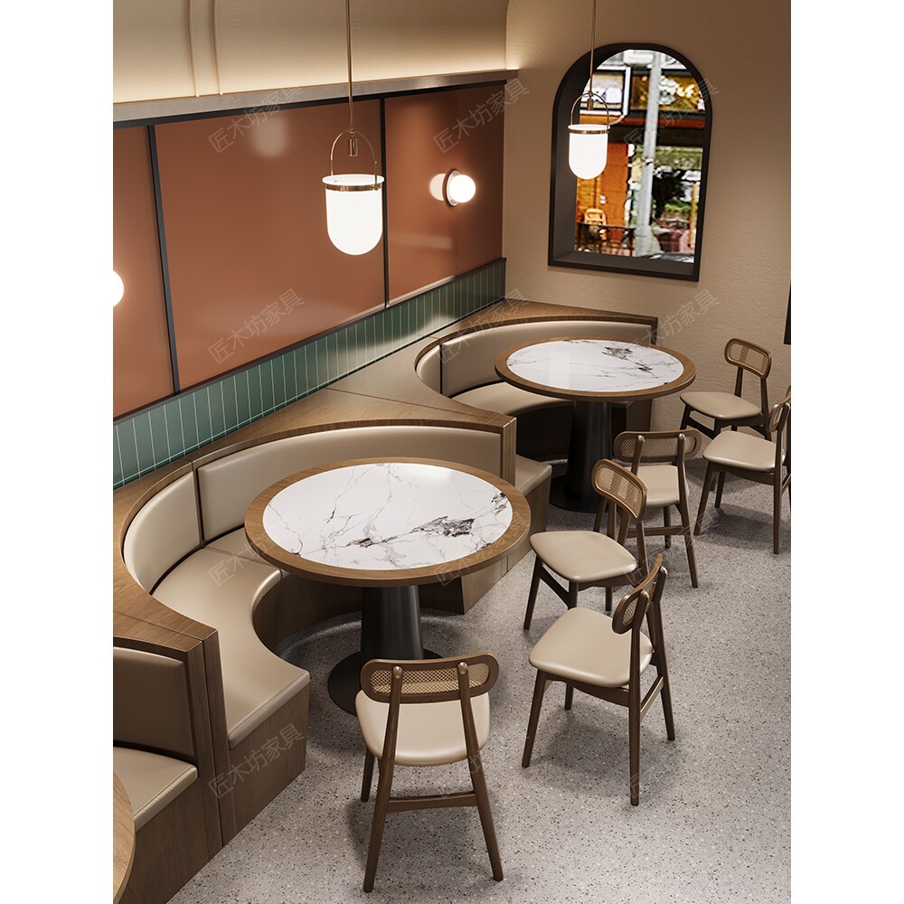 新中式风湘菜馆靠墙卡座沙发主题餐厅火锅店烤肉店岩板桌椅组合