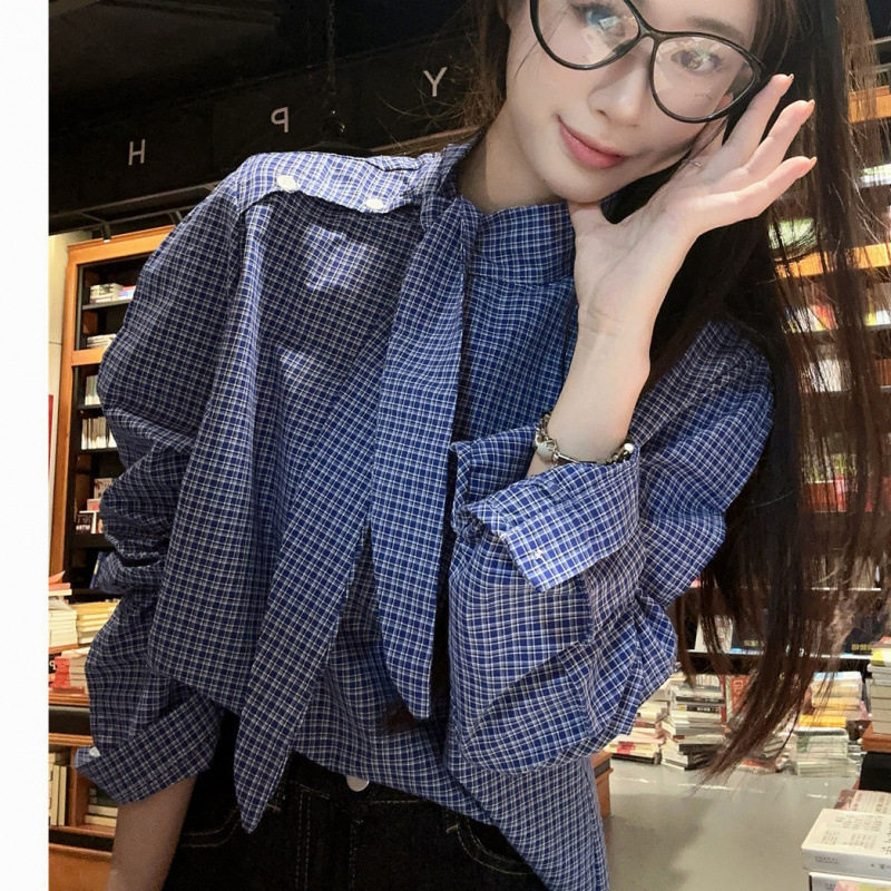 2025早秋新款别致甜美风设计感小众领结系带宽松格子显瘦长袖
