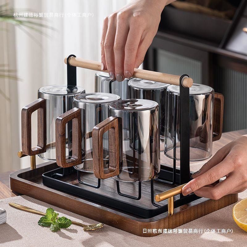 中式玻璃水杯家用带木质把手客厅高颜值耐热杯子轻奢套装搬家其他