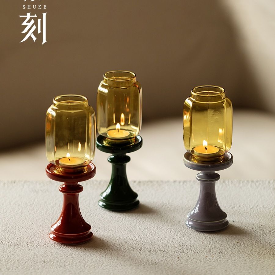 中式故宫红玻璃烛台灯禅意茶室氛围灯家用落地蜡烛灯装饰摆件