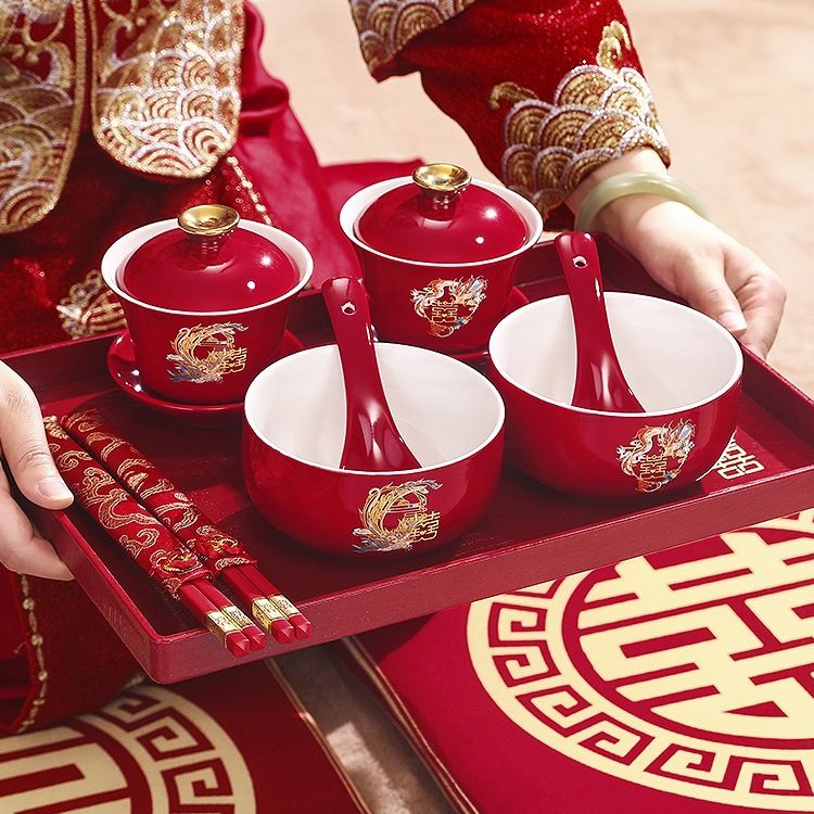 结婚敬茶杯婚礼女方陪嫁红色喜碗筷婚庆改口敬酒茶具套装喜字杯子