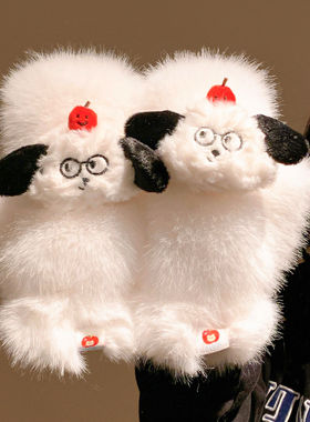 可爱小狗骑行全包毛绒手套女冬季保暖防寒加绒连指学生可挂脖加厚