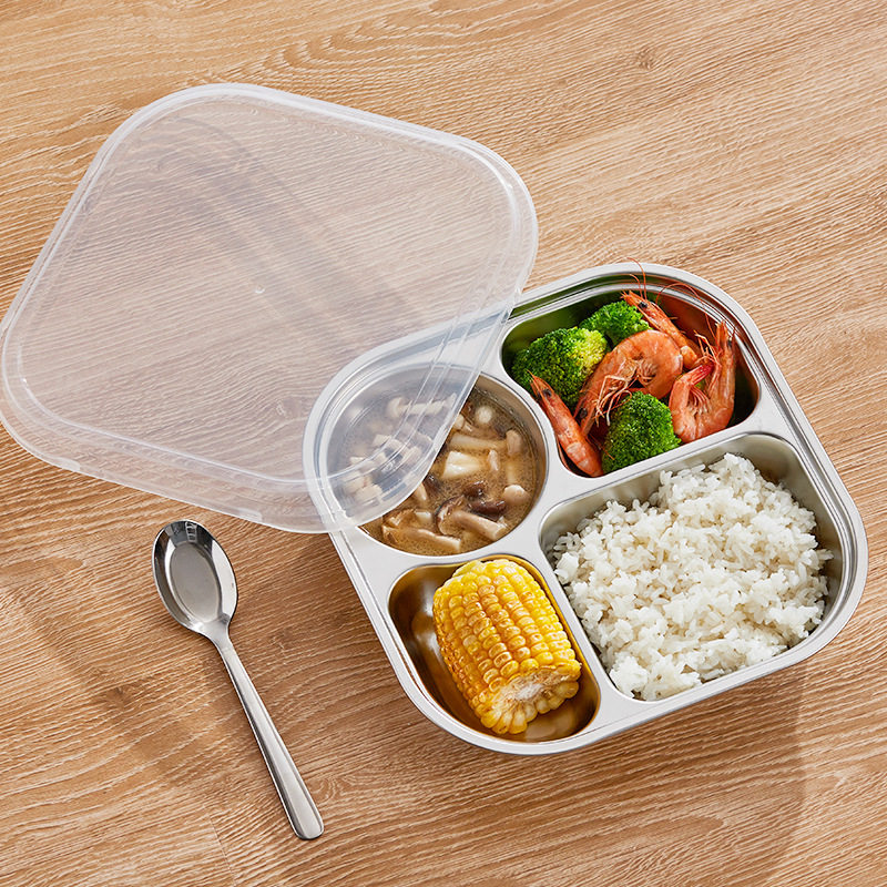 大号304不锈钢餐盘 分格可带盖成人家用学生饭盘食堂商用快餐盘s^