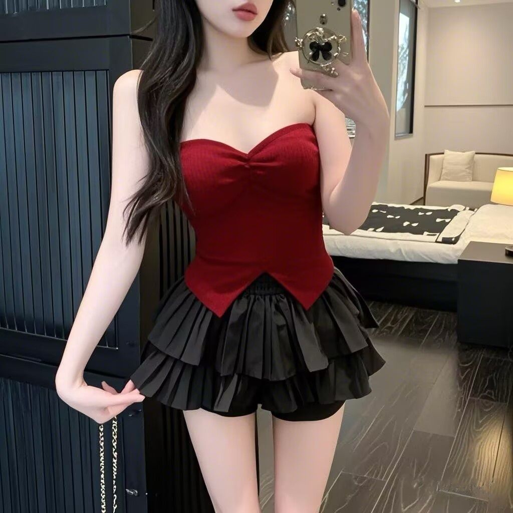 夏套装女欲带胸垫抹胸外穿高腰百褶半身蛋糕裙裤甜美清新显胸潮