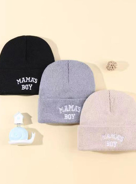 秋冬新款男童女童同款休闲简约百搭潮流刺绣MAMAS针织帽（三组合