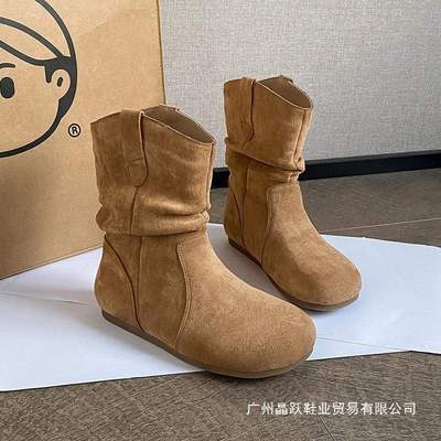 褶皱堆堆短靴女四季加绒平底圆头短筒大筒围勃肯软底慵懒风靴成年