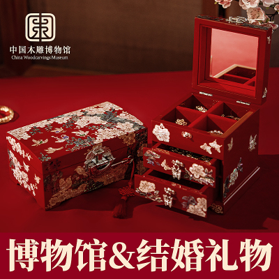 螺钿首饰盒贝壳复古漆器木质妆奁陪嫁三金盒高档嫁妆中式结婚
