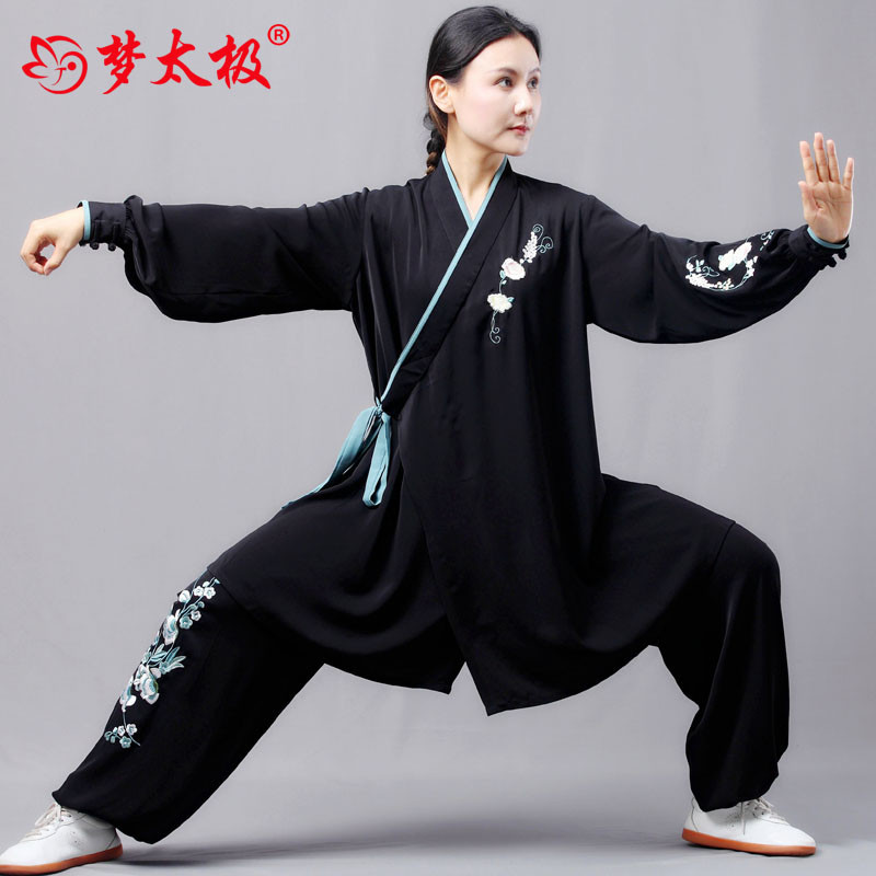 梦太极太极服新款女高端飘逸汉服风春秋黑色珍珠绸练功服厂家直销