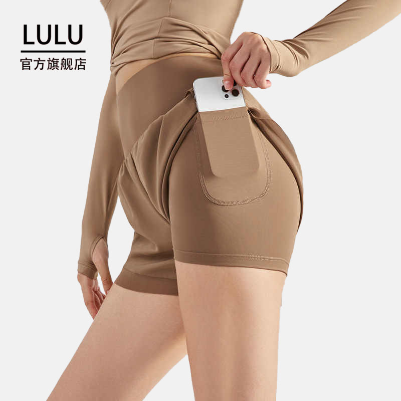 LULU旗舰店打底裤女夏新款拼纱假两件短裤防走光高腰透气瑜伽短裤