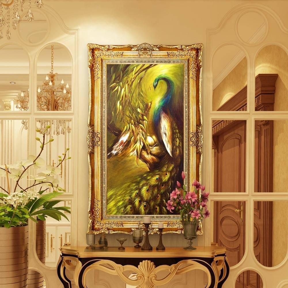 玄关装饰画欧式油画走廊竖版挂画过道玄幻画大气高档动物孔雀油画