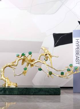 新中式轻奢绿色玛瑙喜上枝头摆件客厅电视柜玄关软装饰品