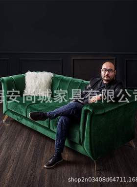 美式轻奢布艺三人沙发简约墨绿色软包沙发客厅家具可工厂销售