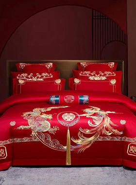 高档结婚房陪嫁四件套长绒棉大红色床单新婚100纯棉龙凤床上用品4