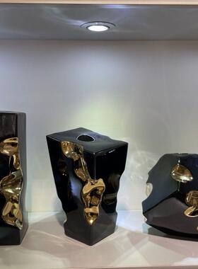 创意黑色镀金陶瓷花瓶摆件现代简约时尚家居装饰品客厅台面摆设
