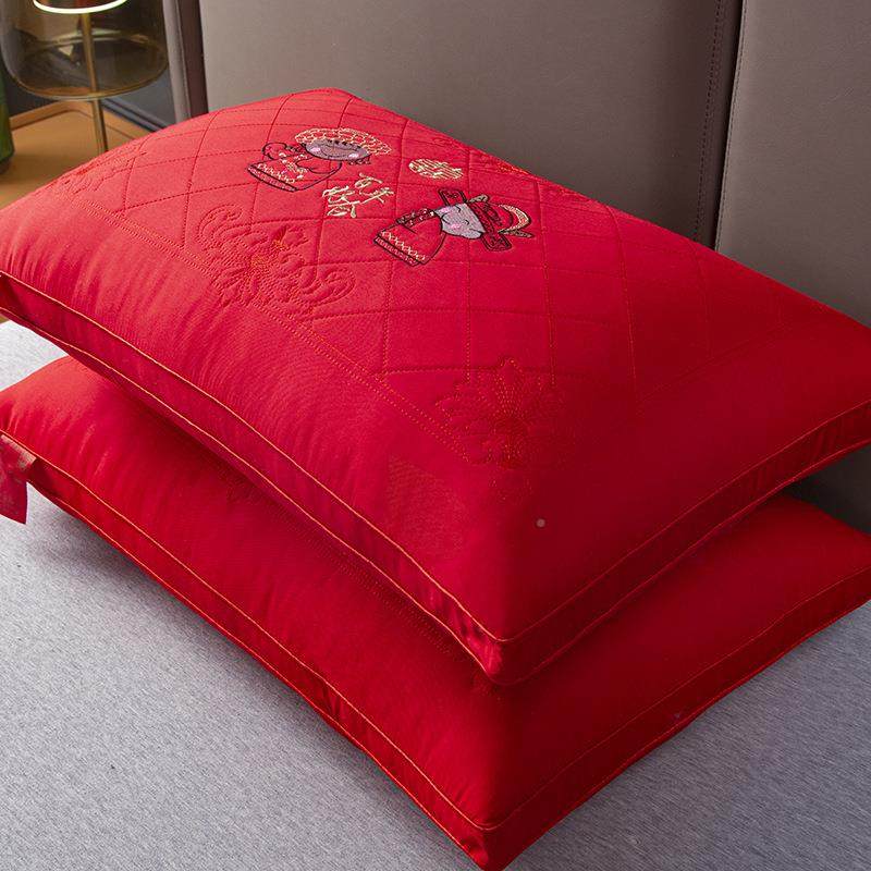 全棉结婚枕头一对陪装方嫁大红色芯女刺20241212绣婚庆整套喜头新