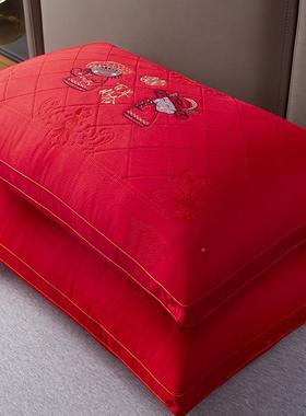 全棉结婚枕头一对陪装方嫁大红色芯女刺20241212绣婚庆整套喜头新