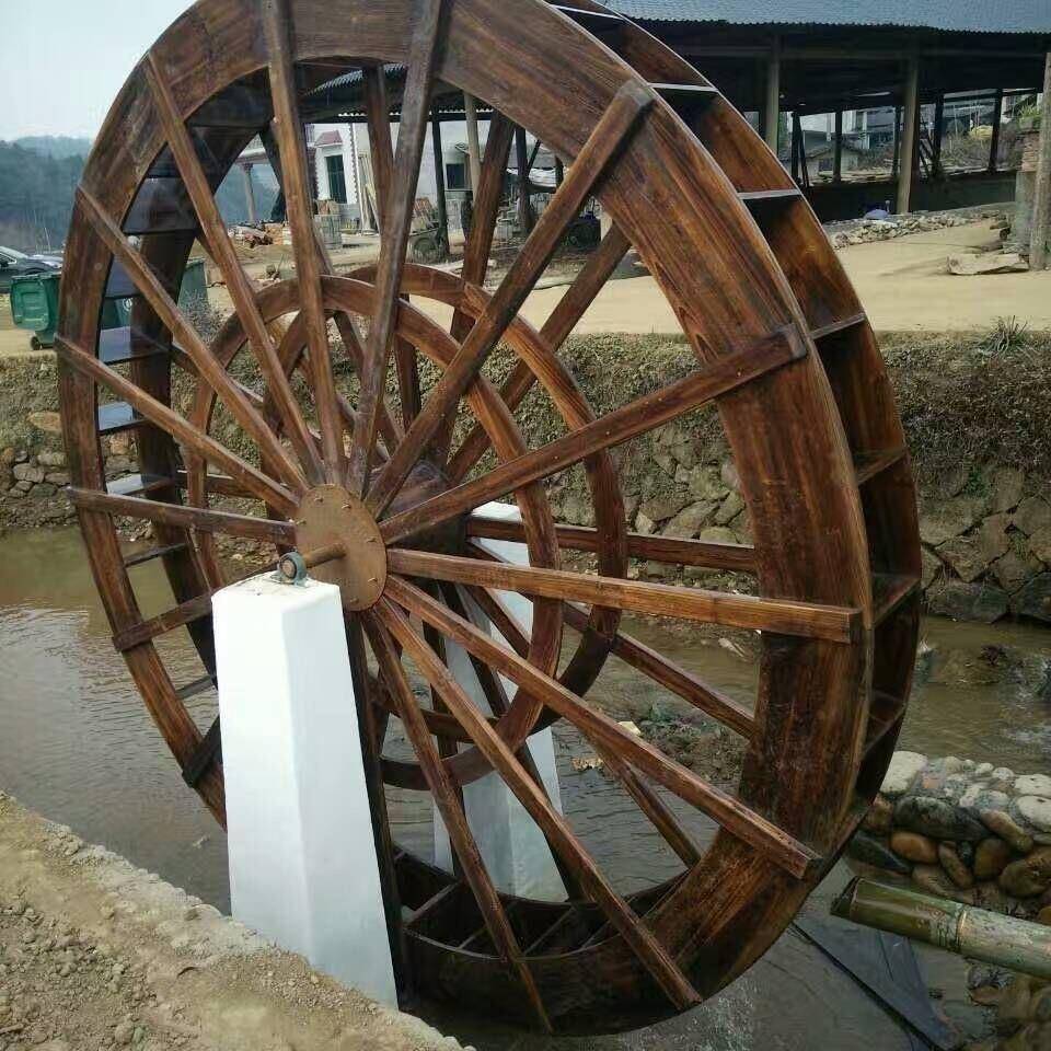 防木制水车流大型子母轮风电水轮手摇腐脚踏动水景观户外景观0水
