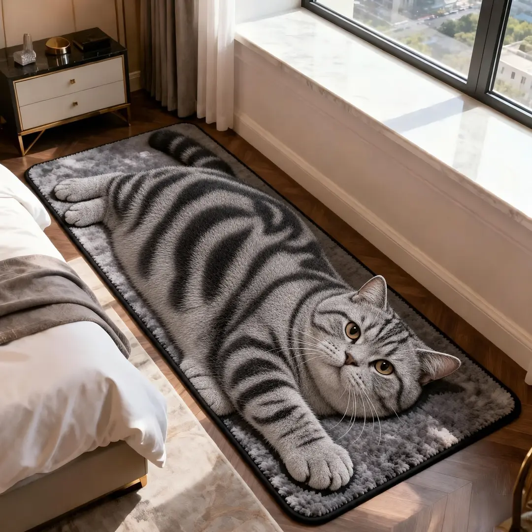 5D视觉感水晶绒地毯仿真胖猫咪