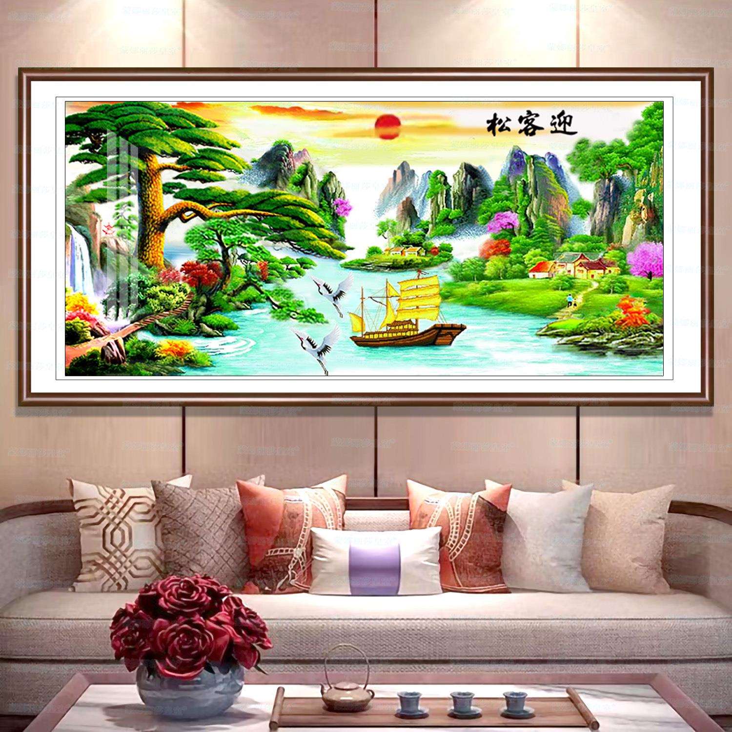蒙娜丽莎皇室十字绣迎客松新版新版国风大幅客厅风景装饰画手工