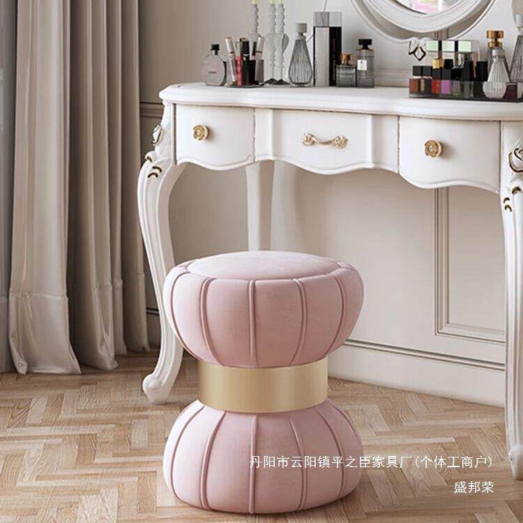 直销欧式轻奢梳妆凳女生卧室化妆台凳子感粉色储物实木旋转圆