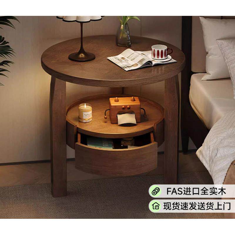 JGP1实木圆形床头柜出租房家用卧室床边柜边几创意双层小型床头置