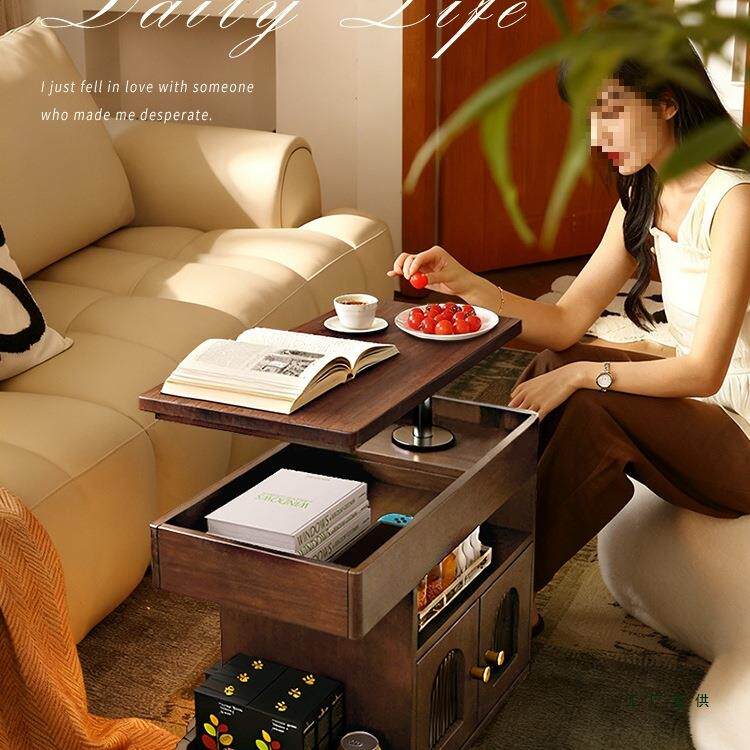 全实木可移动茶几中古风可升降折叠边几小户型客厅家用沙发小推车