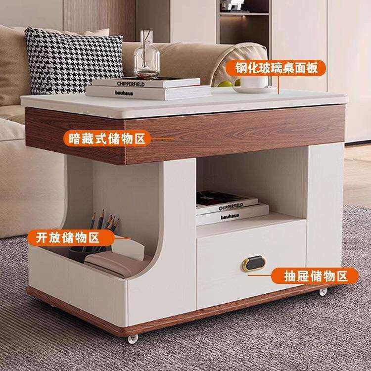 可移动茶几多功能带抽屉小推车沙发边柜边几客厅方形双层储物茶几