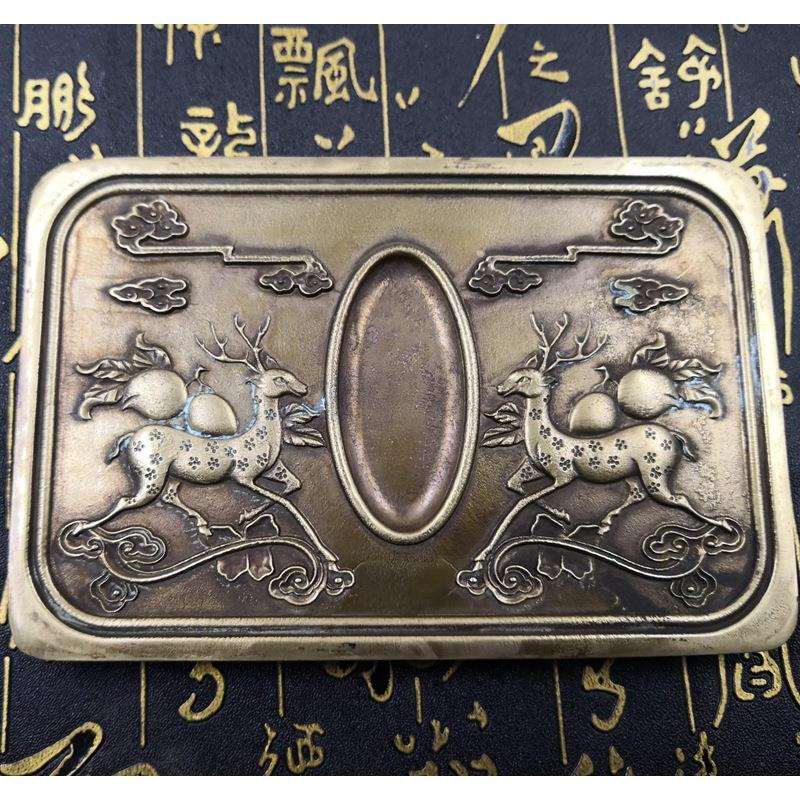 古玩杂项收藏仿古做旧物件白铜铜器梅花鹿砚台收藏