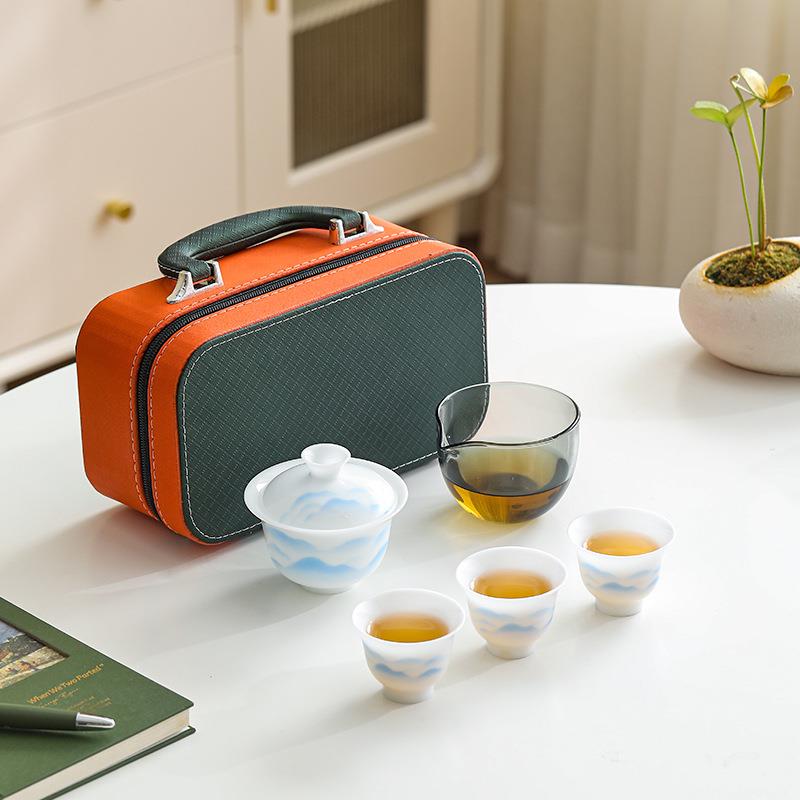 冰种釉烧羊脂玉旅行盖碗茶具logo户外便携式车载德化白瓷水墨茶具