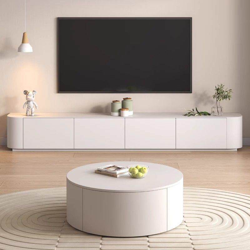 全实木奶油风下翻门电视柜茶几组合现代简约免安装背部镂空落地