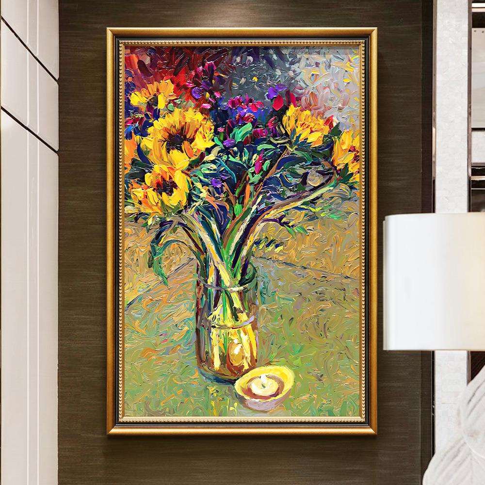 纯手绘成品油画玄关装饰画现代客厅走廊挂画手工立体花卉过道壁画
