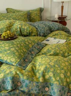 1VPR复古田园风全棉色织双层纱四件套A类棉纱床上用品纽扣工艺款