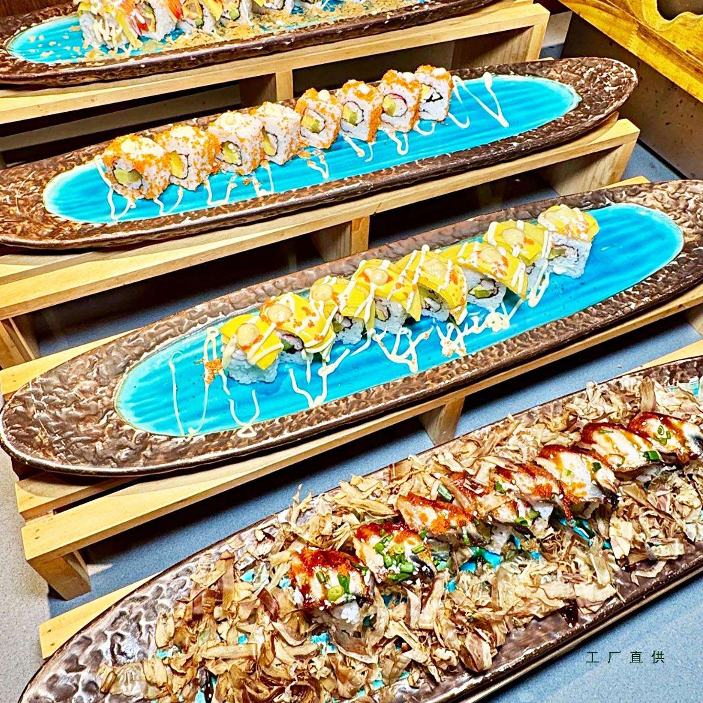 日式料理餐具超长自助餐寿司盘展示架创意木质点心寿司陶瓷展示盘
