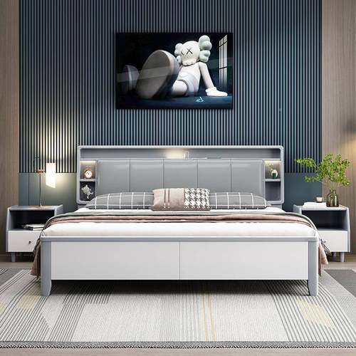 白实木1床8FIC储物现代简约.米双人色床充电主卧多功能置物床软靠