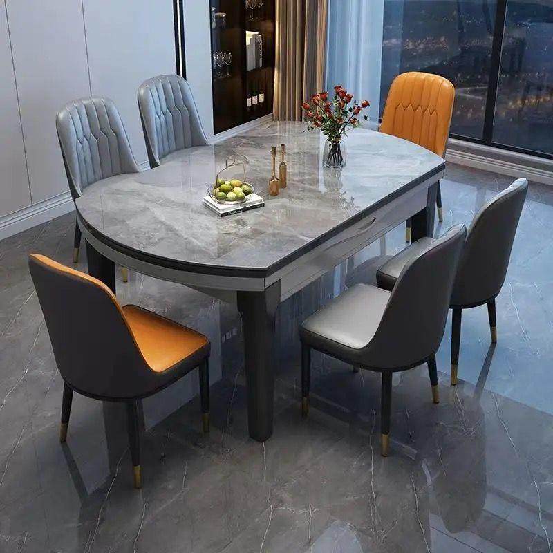 岩板圆餐桌椅组合现代简约EWU小户型叠家用伸缩折方两用吃饭桌子