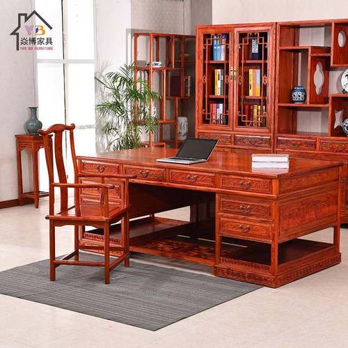 实木装办JQO公中式电桌脑榆木写桌字台书桌椅套组合大班台桌子