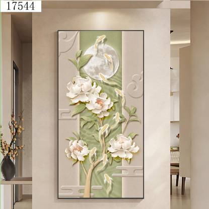 九鱼图入户玄关装饰画新中式针对们挂画牡丹走廊过道尽头壁画图片